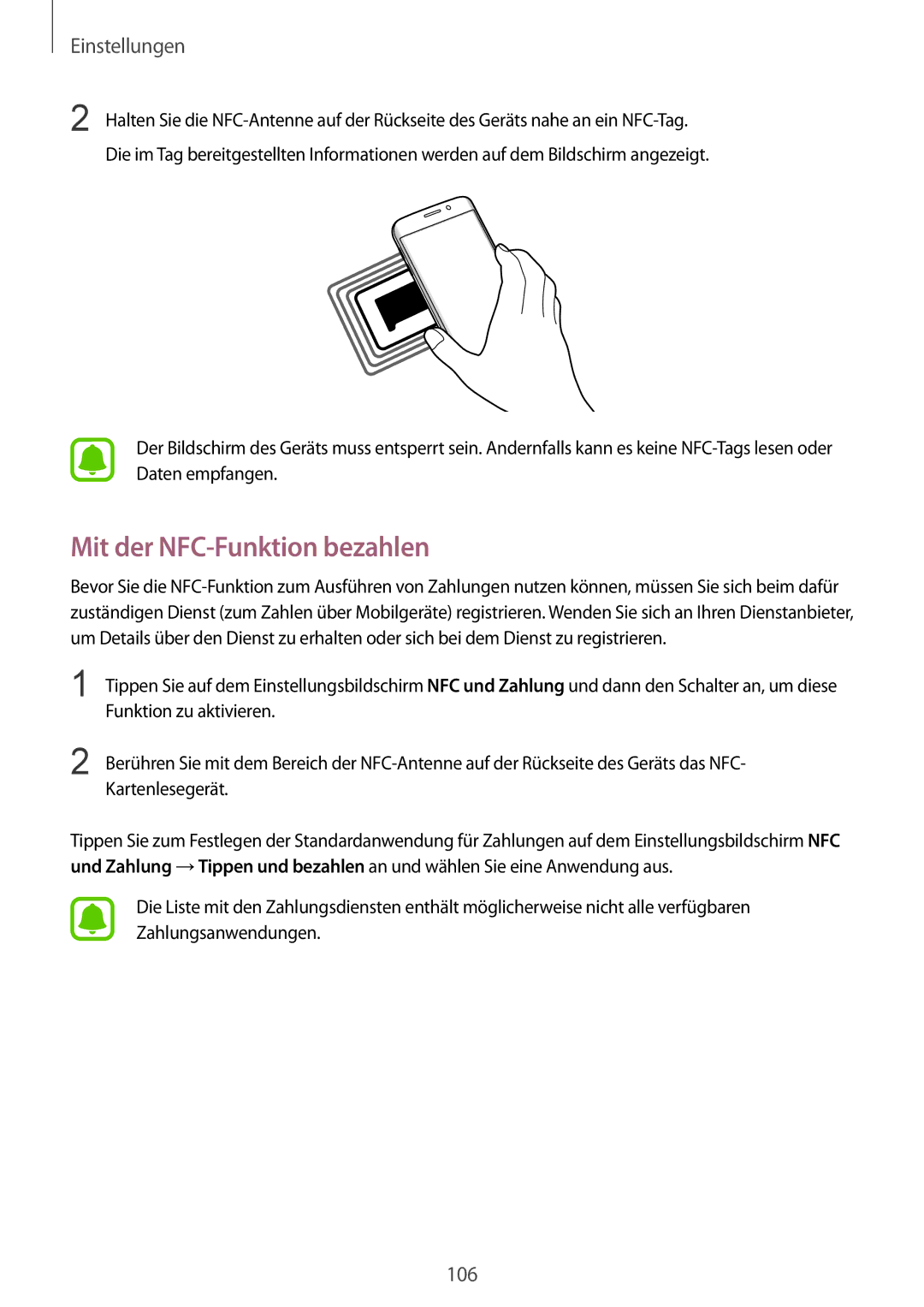 Samsung SM-G925FZKFDBT, SM-G925FZKADBT, SM-G925FZWEDBT, SM-G925FZDEDBT, SM-G925FZDADBT manual Mit der NFC-Funktion bezahlen 