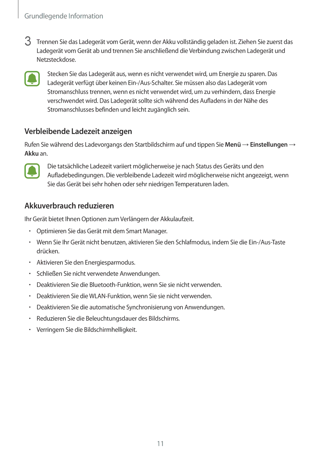Samsung SM-G925FZWEDBT, SM-G925FZKADBT, SM-G925FZDEDBT manual Verbleibende Ladezeit anzeigen, Akkuverbrauch reduzieren 