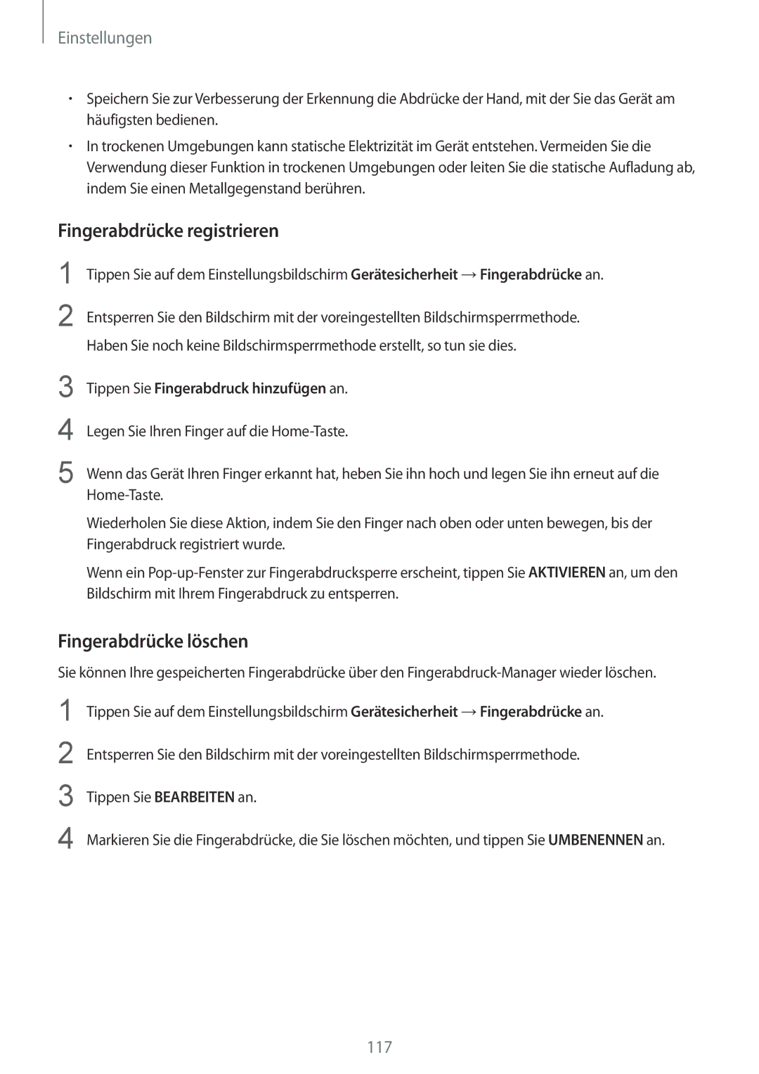 Samsung SM-G925FZDFDBT manual Fingerabdrücke registrieren, Fingerabdrücke löschen, Tippen Sie Fingerabdruck hinzufügen an 