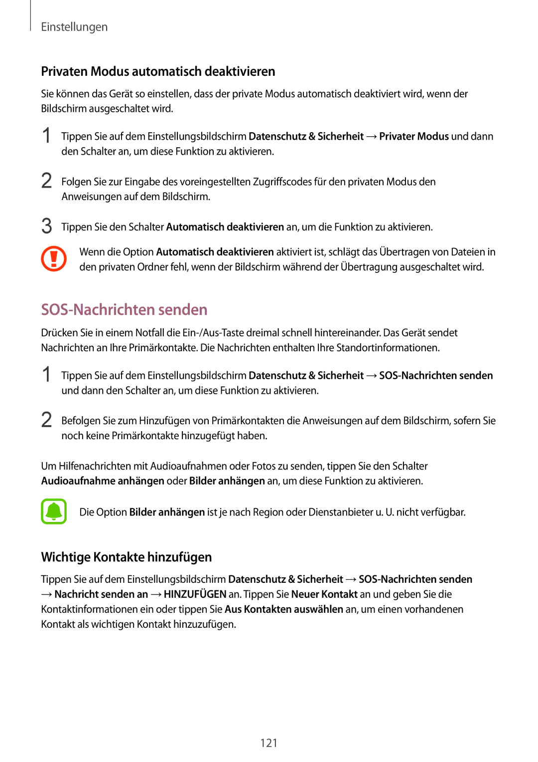 Samsung SM-G925FZWEDBT manual SOS-Nachrichten senden, Privaten Modus automatisch deaktivieren, Wichtige Kontakte hinzufügen 