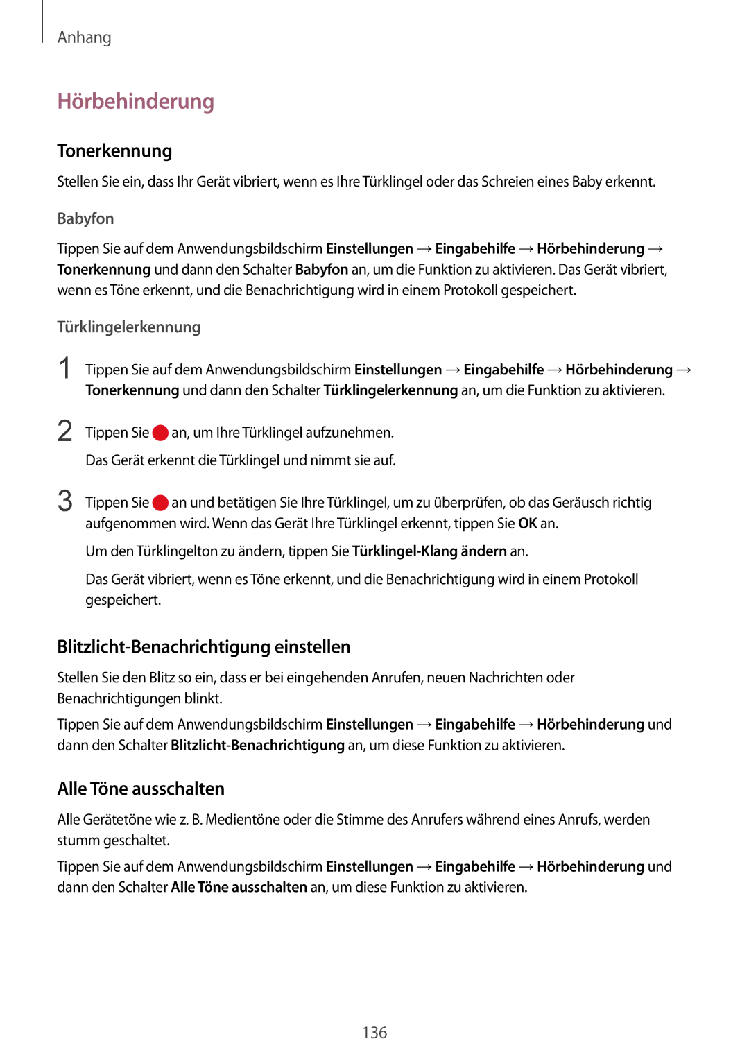 Samsung SM-G925FZKFDBT manual Hörbehinderung, Tonerkennung, Blitzlicht-Benachrichtigung einstellen, Alle Töne ausschalten 