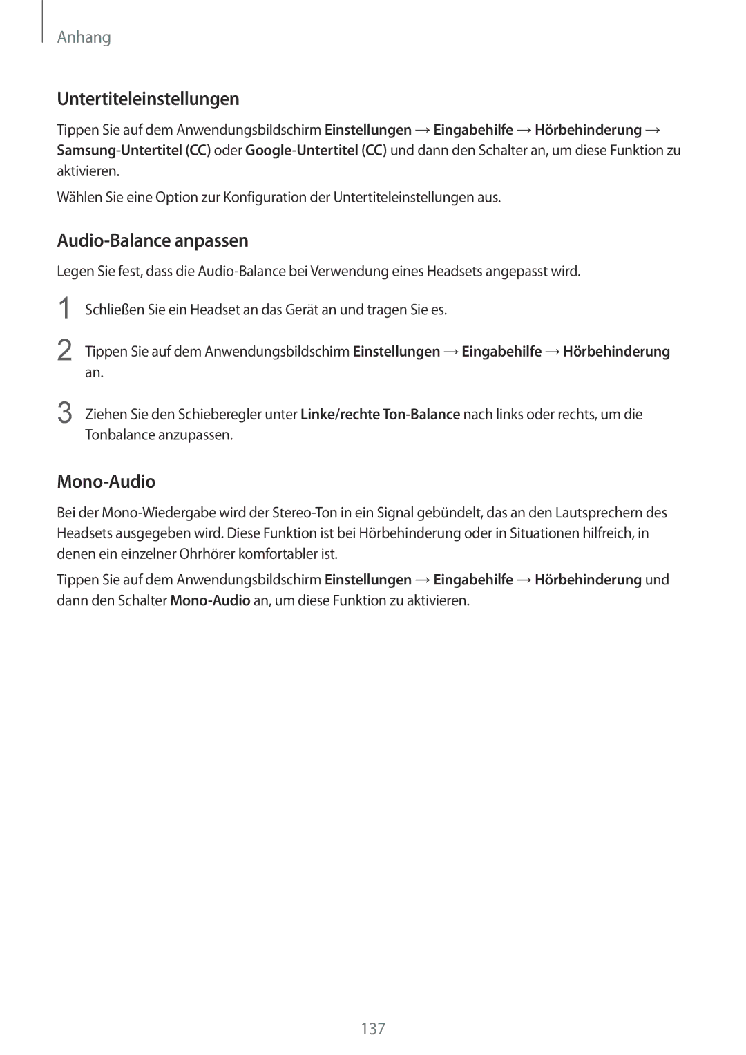 Samsung SM-G925FZDFDBT, SM-G925FZKADBT, SM-G925FZWEDBT manual Untertiteleinstellungen, Audio-Balance anpassen, Mono-Audio 