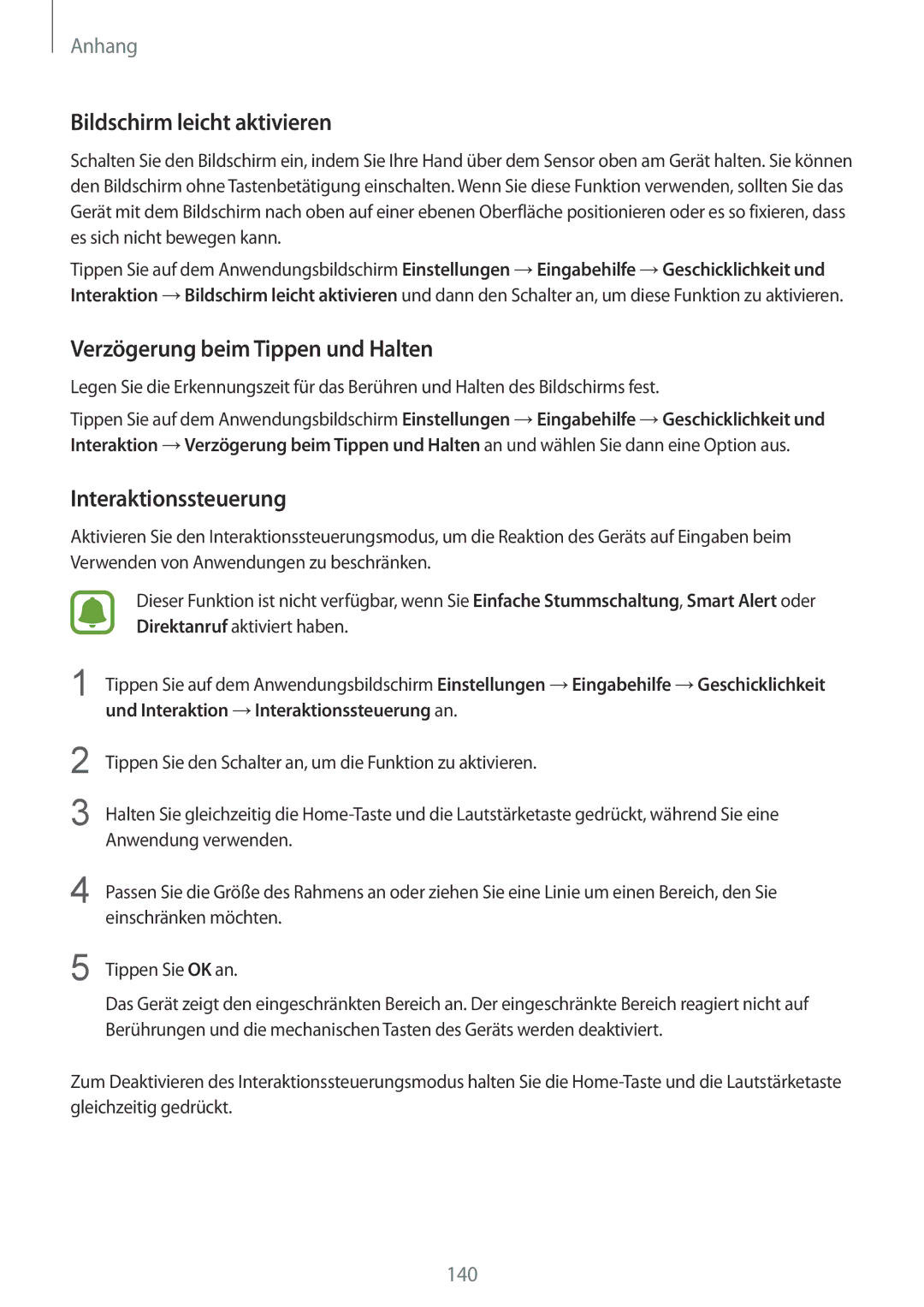 Samsung SM-G925FZKADBT manual Bildschirm leicht aktivieren, Verzögerung beim Tippen und Halten, Interaktionssteuerung 