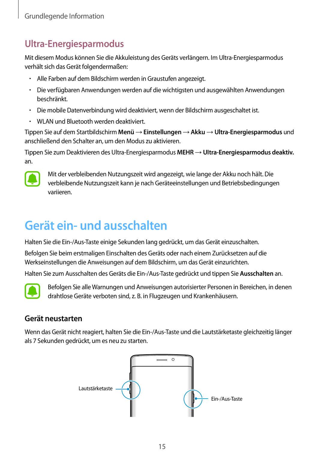 Samsung SM-G925FZGEDBT, SM-G925FZKADBT, SM-G925FZWEDBT Gerät ein- und ausschalten, Ultra-Energiesparmodus, Gerät neustarten 