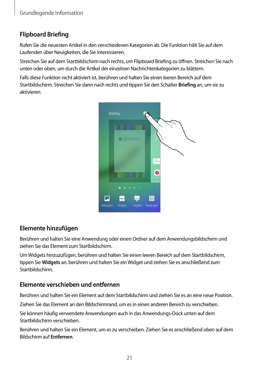 Samsung SM-G925FZWEDBT, SM-G925FZKADBT manual Flipboard Briefing, Elemente hinzufügen, Elemente verschieben und entfernen 