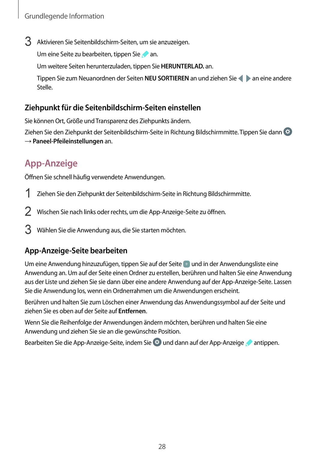 Samsung SM-G925FZKEDBT manual Ziehpunkt für die Seitenbildschirm-Seiten einstellen, App-Anzeige-Seite bearbeiten 