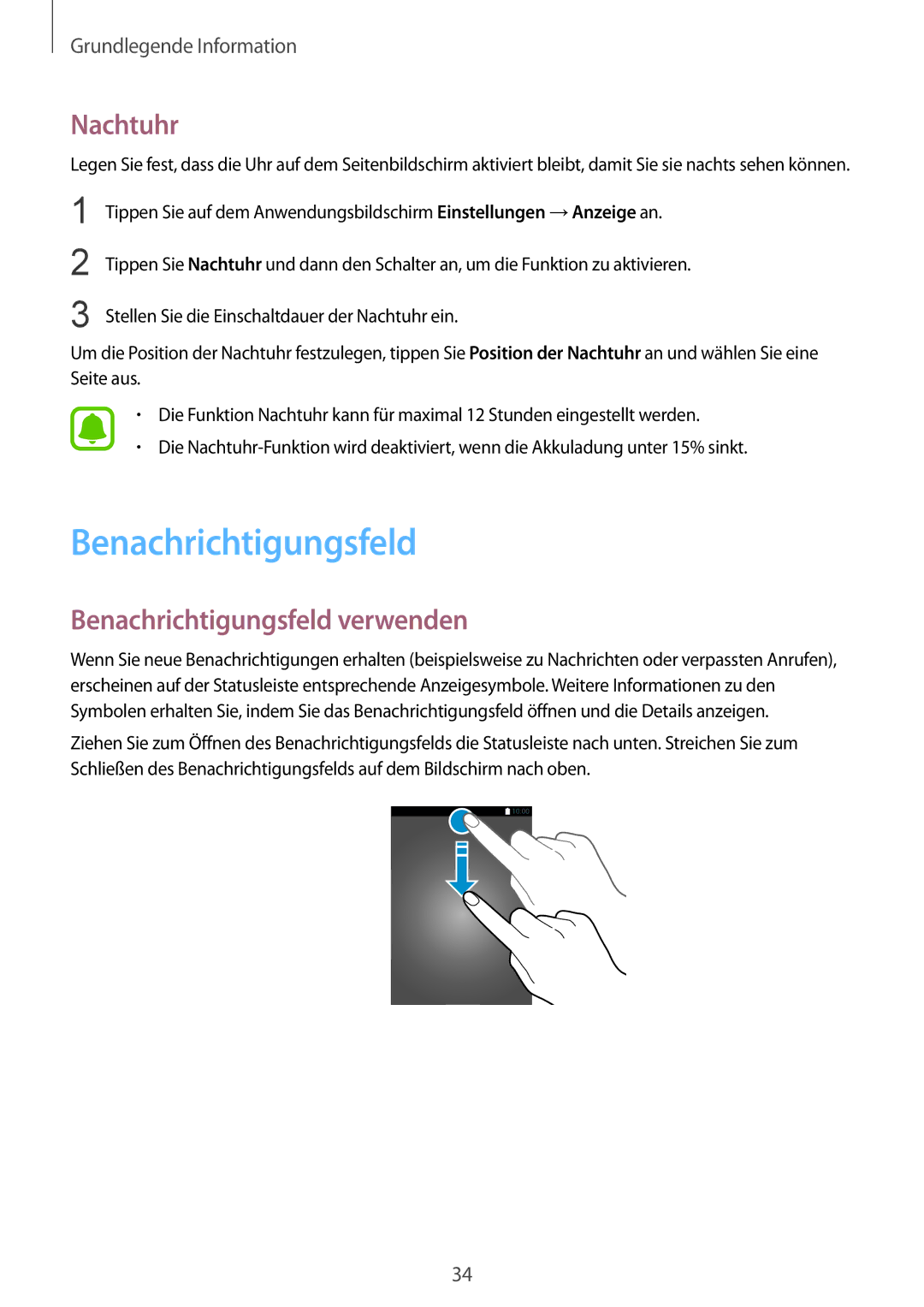 Samsung SM-G925FZWFDBT, SM-G925FZKADBT, SM-G925FZWEDBT, SM-G925FZDEDBT manual Nachtuhr, Benachrichtigungsfeld verwenden 