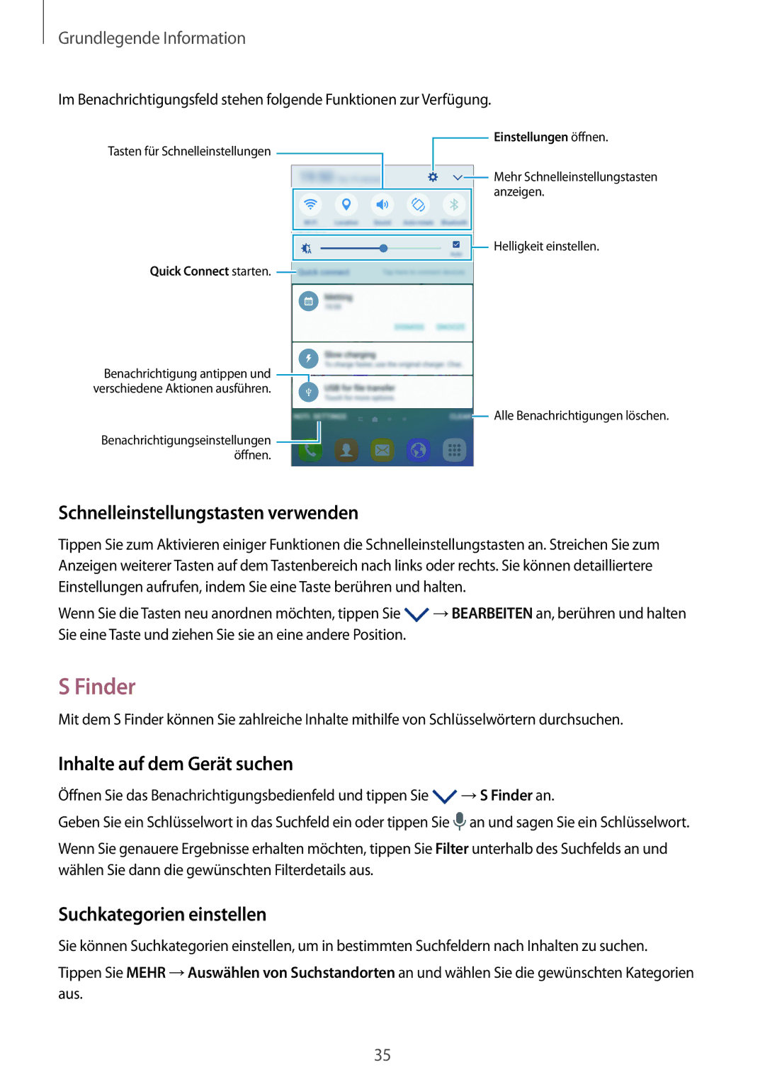 Samsung SM-G925FZGEDBT, SM-G925FZKADBT manual Finder, Schnelleinstellungstasten verwenden, Inhalte auf dem Gerät suchen 