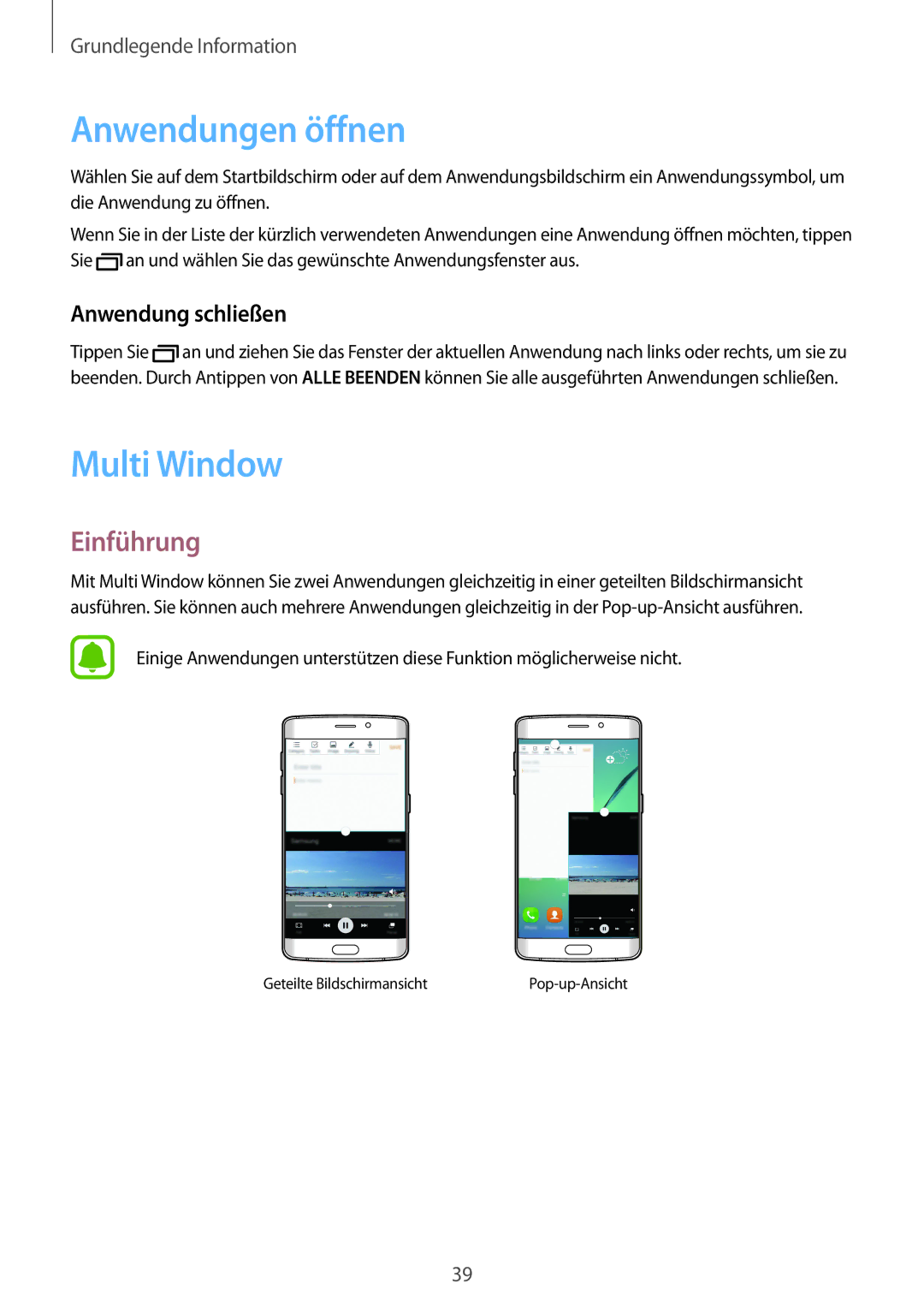 Samsung SM-G925FZGFDBT, SM-G925FZKADBT, SM-G925FZWEDBT, SM-G925FZDEDBT Anwendungen öffnen, Multi Window, Anwendung schließen 