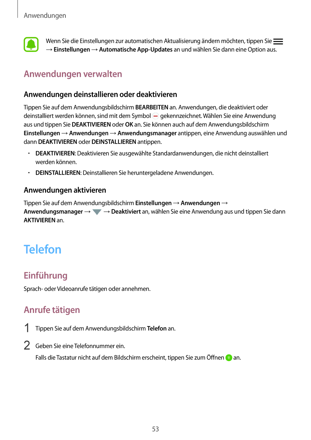 Samsung SM-G925FZDADBT manual Telefon, Anwendungen verwalten, Anrufe tätigen, Anwendungen deinstallieren oder deaktivieren 