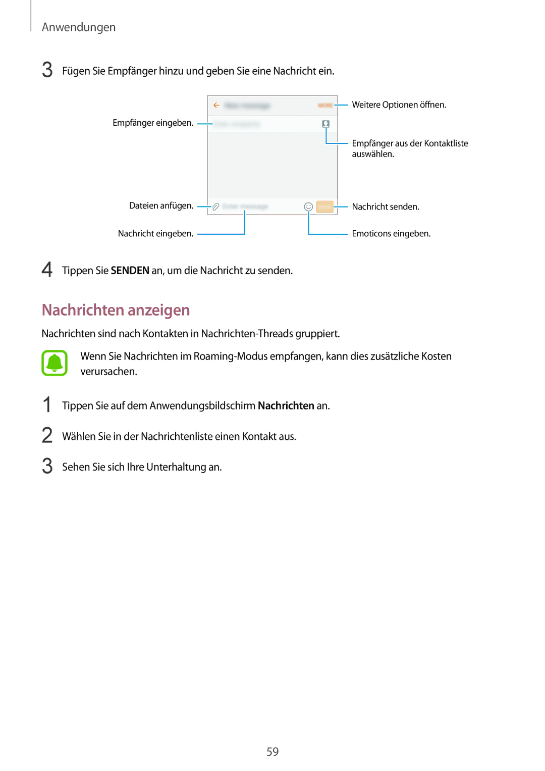 Samsung SM-G925FZGFDBT, SM-G925FZKADBT Nachrichten anzeigen, Fügen Sie Empfänger hinzu und geben Sie eine Nachricht ein 