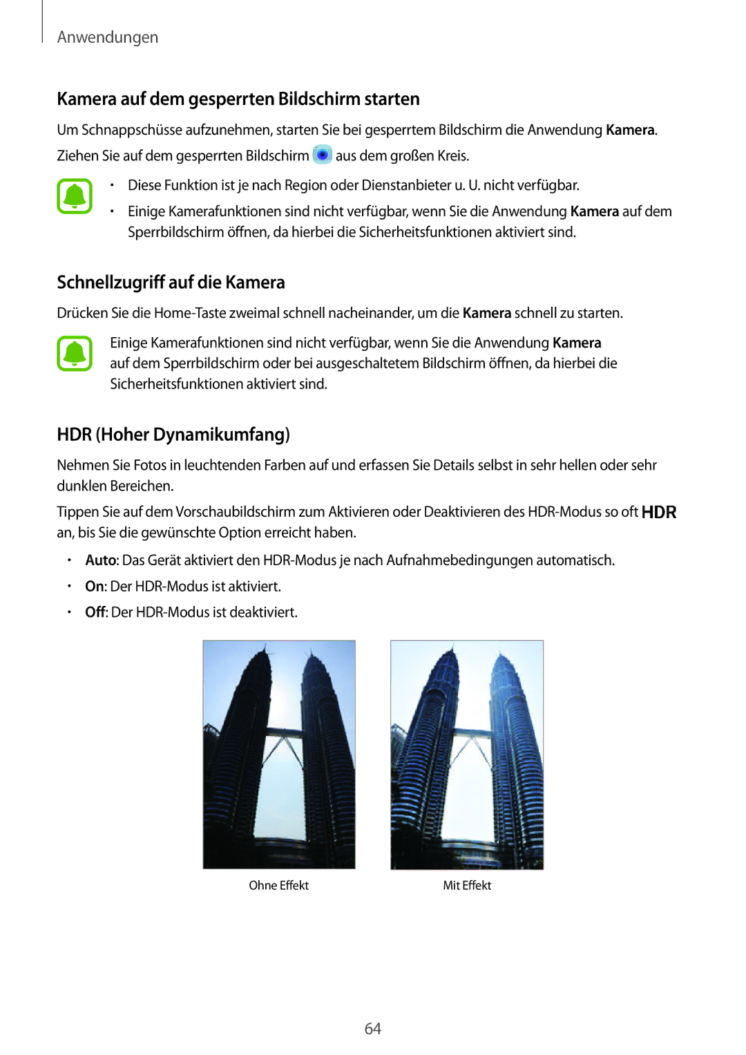 Samsung SM-G925FZWFDBT, SM-G925FZKADBT manual Kamera auf dem gesperrten Bildschirm starten, Schnellzugriff auf die Kamera 