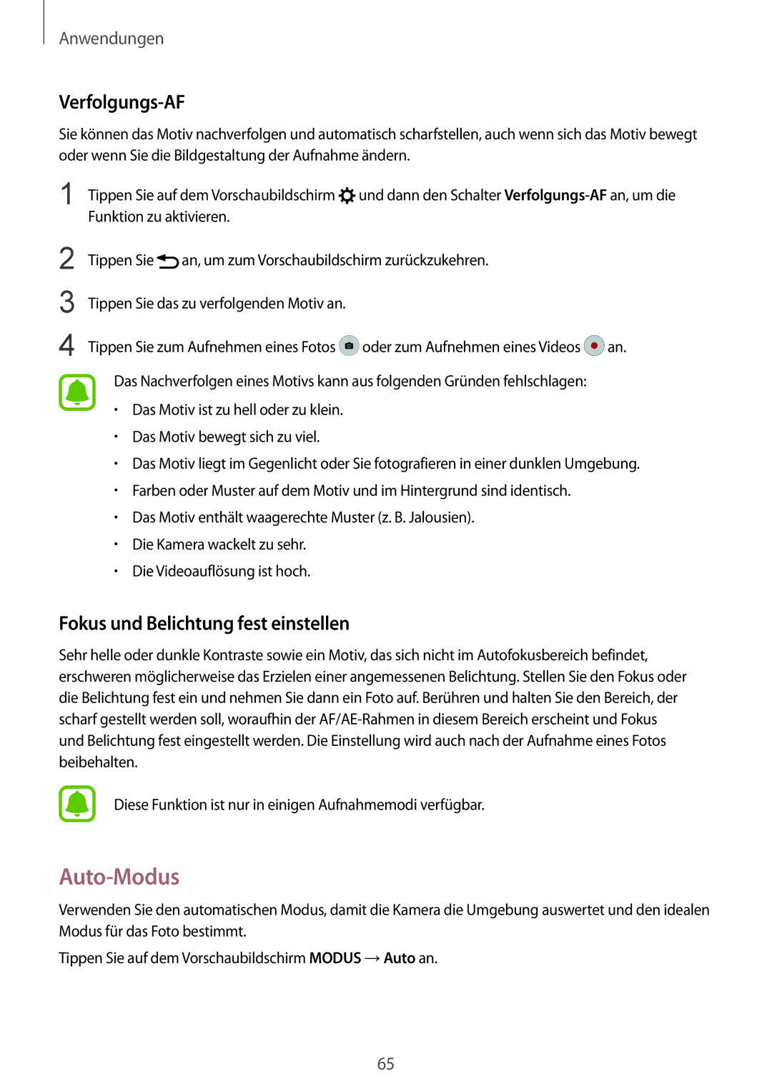 Samsung SM-G925FZGEDBT, SM-G925FZKADBT, SM-G925FZWEDBT Auto-Modus, Verfolgungs-AF, Fokus und Belichtung fest einstellen 