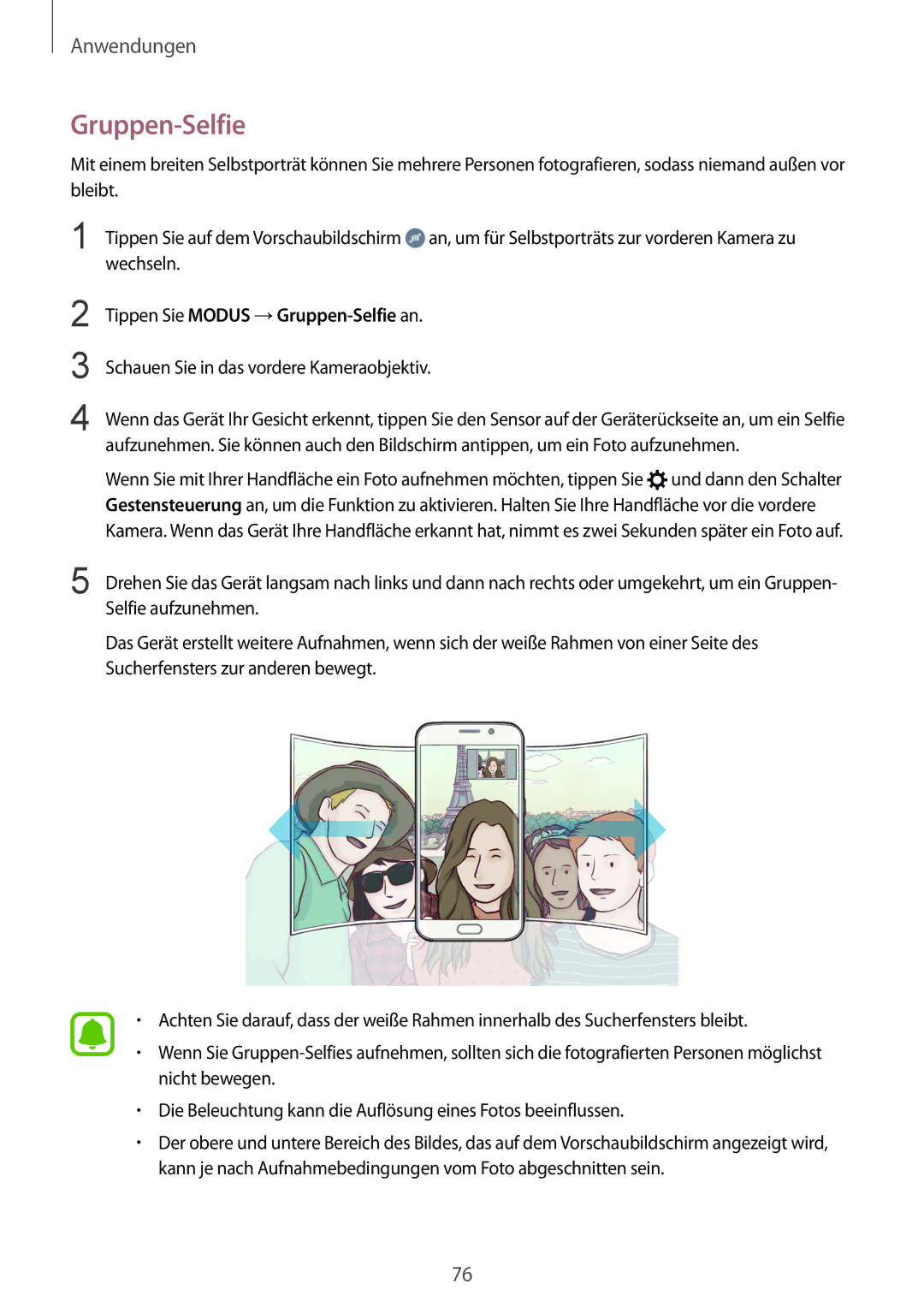 Samsung SM-G925FZKFDBT, SM-G925FZKADBT, SM-G925FZWEDBT, SM-G925FZDEDBT manual Tippen Sie Modus →Gruppen-Selfie an 