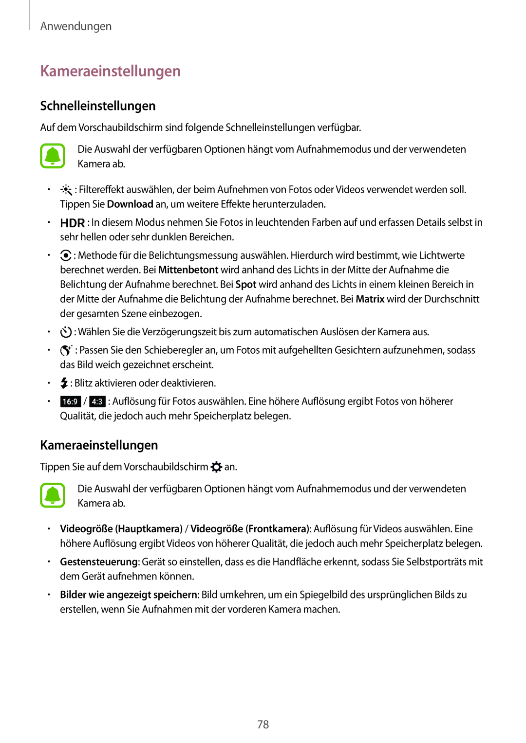 Samsung SM-G925FZKEDBT, SM-G925FZKADBT, SM-G925FZWEDBT, SM-G925FZDEDBT manual Kameraeinstellungen, Schnelleinstellungen 