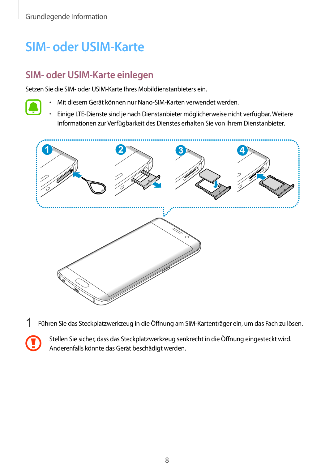 Samsung SM-G925FZKEDBT, SM-G925FZKADBT, SM-G925FZWEDBT, SM-G925FZDEDBT, SM-G925FZDADBT manual SIM- oder USIM-Karte einlegen 