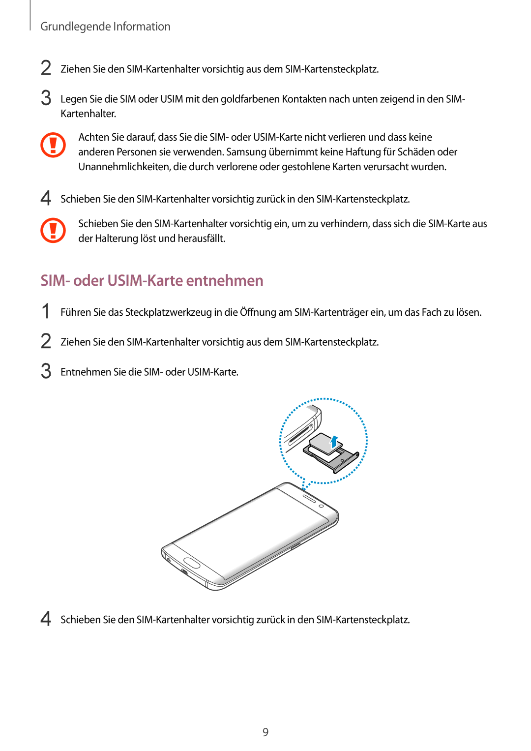 Samsung SM-G925FZGFDBT, SM-G925FZKADBT, SM-G925FZWEDBT, SM-G925FZDEDBT, SM-G925FZDADBT manual SIM- oder USIM-Karte entnehmen 