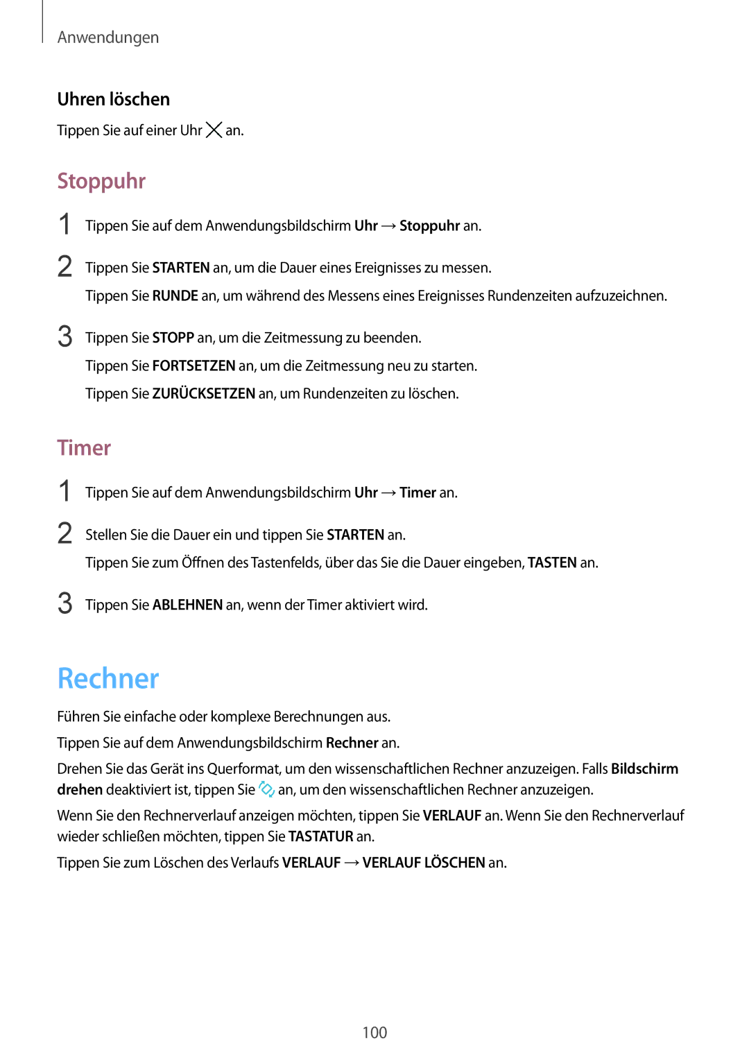 Samsung SM-G925FZKADBT, SM-G925FZWEDBT, SM-G925FZDEDBT, SM-G925FZDADBT manual Rechner, Stoppuhr, Timer, Uhren löschen 