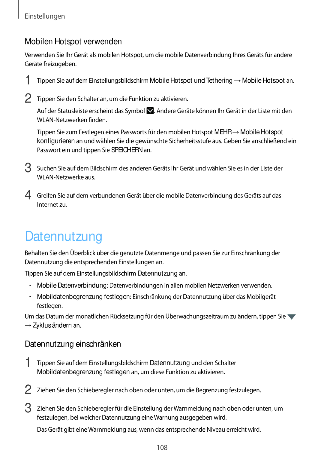 Samsung SM-G925FZKEDBT, SM-G925FZKADBT manual Mobilen Hotspot verwenden, Datennutzung einschränken, → Zyklus ändern an 