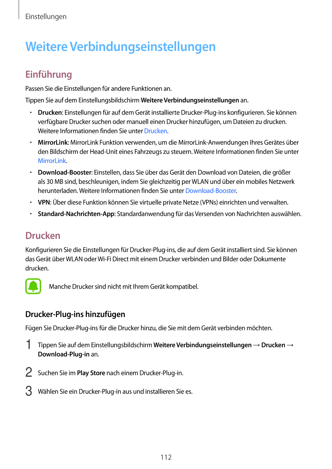 Samsung SM-G925FZDEDBT, SM-G925FZKADBT manual Weitere Verbindungseinstellungen, Drucken, Drucker-Plug-ins hinzufügen 