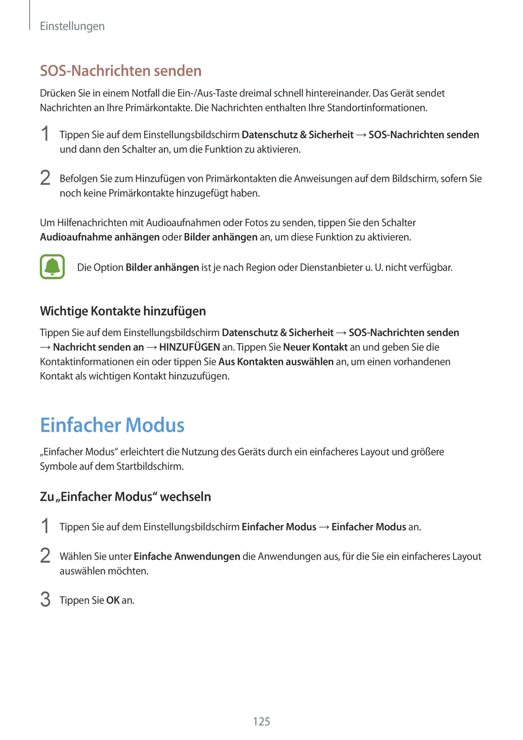 Samsung SM-G925FZGEDBT manual SOS-Nachrichten senden, Wichtige Kontakte hinzufügen, Zu„Einfacher Modus wechseln 