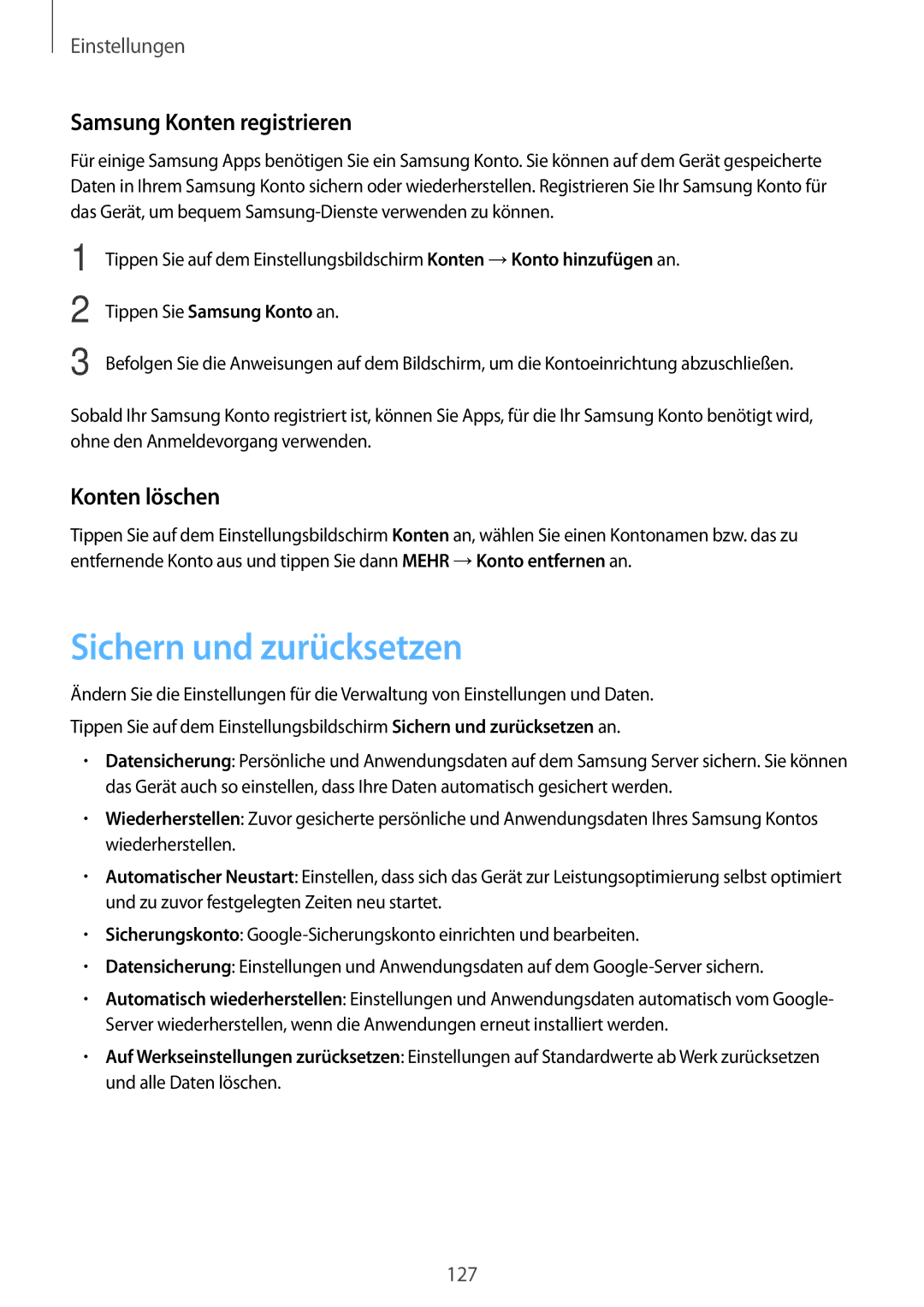 Samsung SM-G925FZDFDBT, SM-G925FZKADBT manual Sichern und zurücksetzen, Samsung Konten registrieren, Konten löschen 