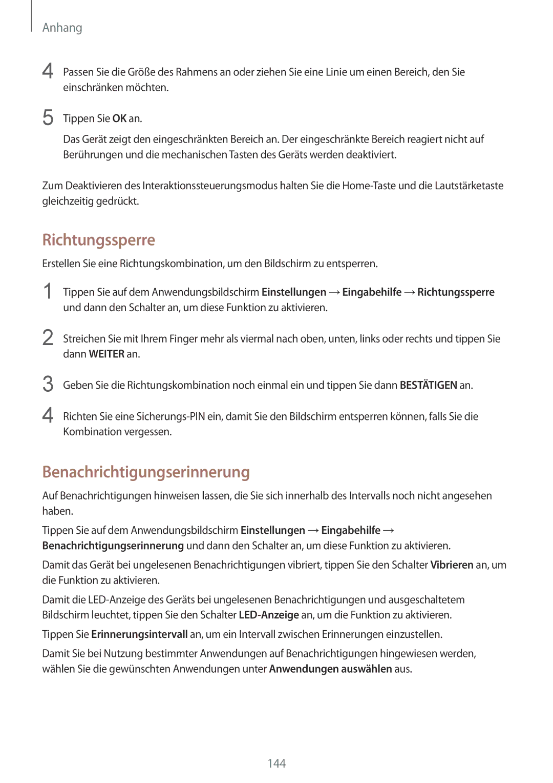 Samsung SM-G925FZWFDBT, SM-G925FZKADBT, SM-G925FZWEDBT, SM-G925FZDEDBT manual Richtungssperre, Benachrichtigungserinnerung 