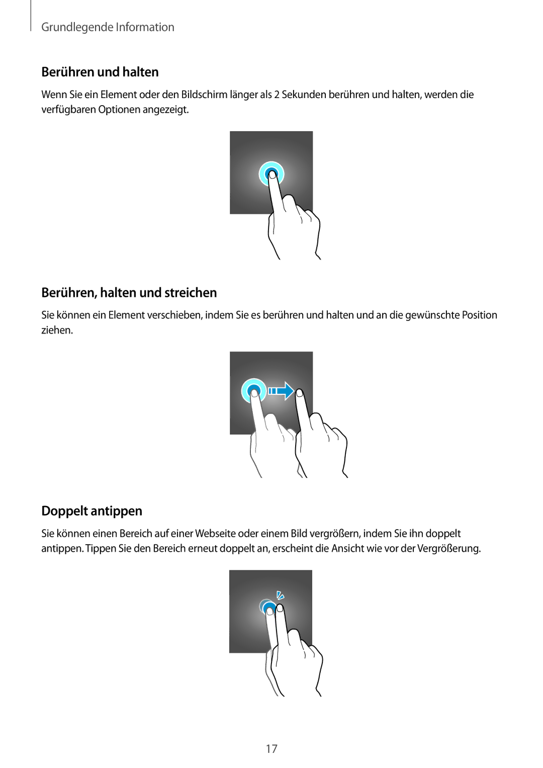 Samsung SM-G925FZDFDBT, SM-G925FZKADBT manual Berühren und halten, Berühren, halten und streichen, Doppelt antippen 