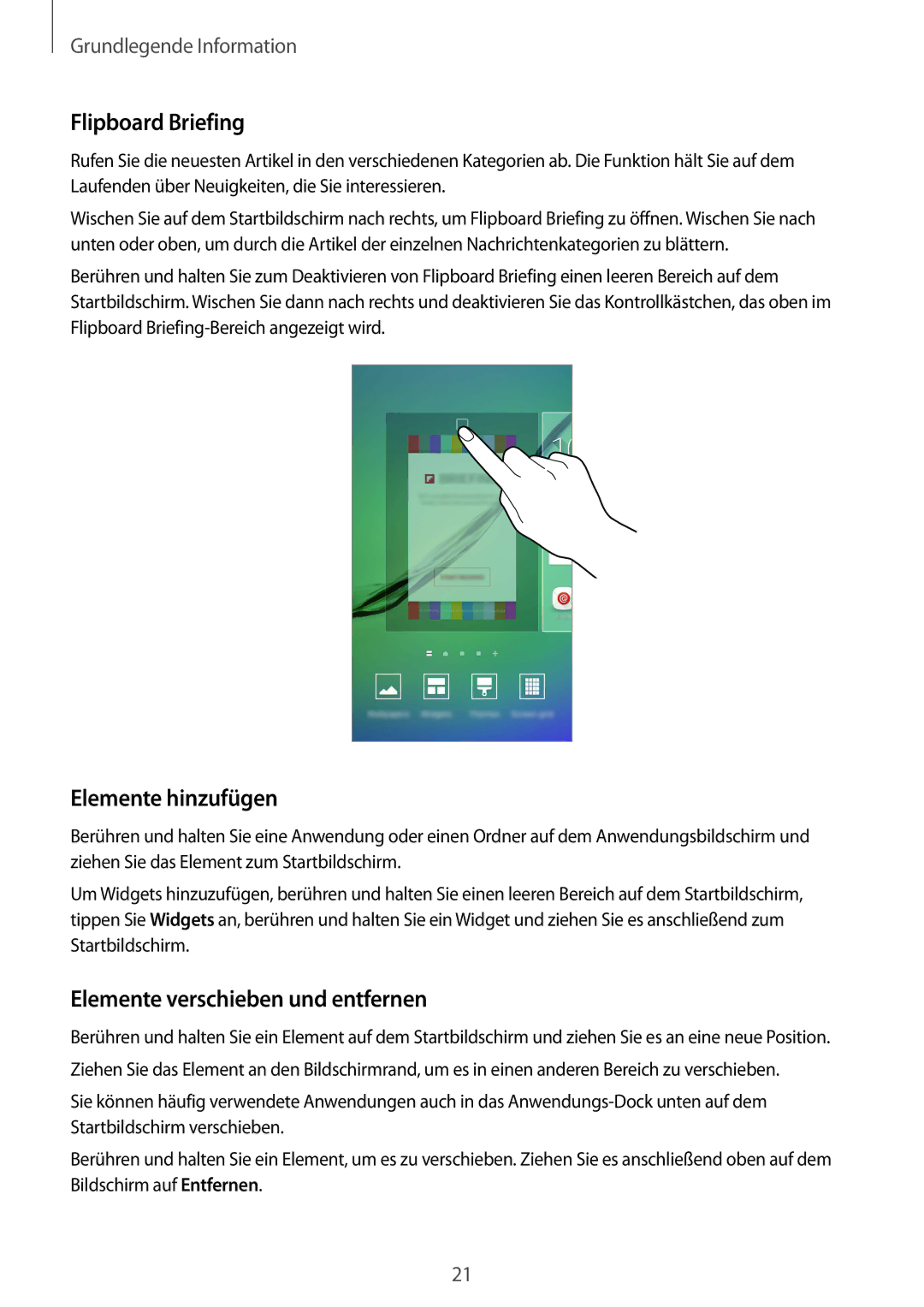 Samsung SM-G925FZWEDBT, SM-G925FZKADBT manual Flipboard Briefing, Elemente hinzufügen, Elemente verschieben und entfernen 