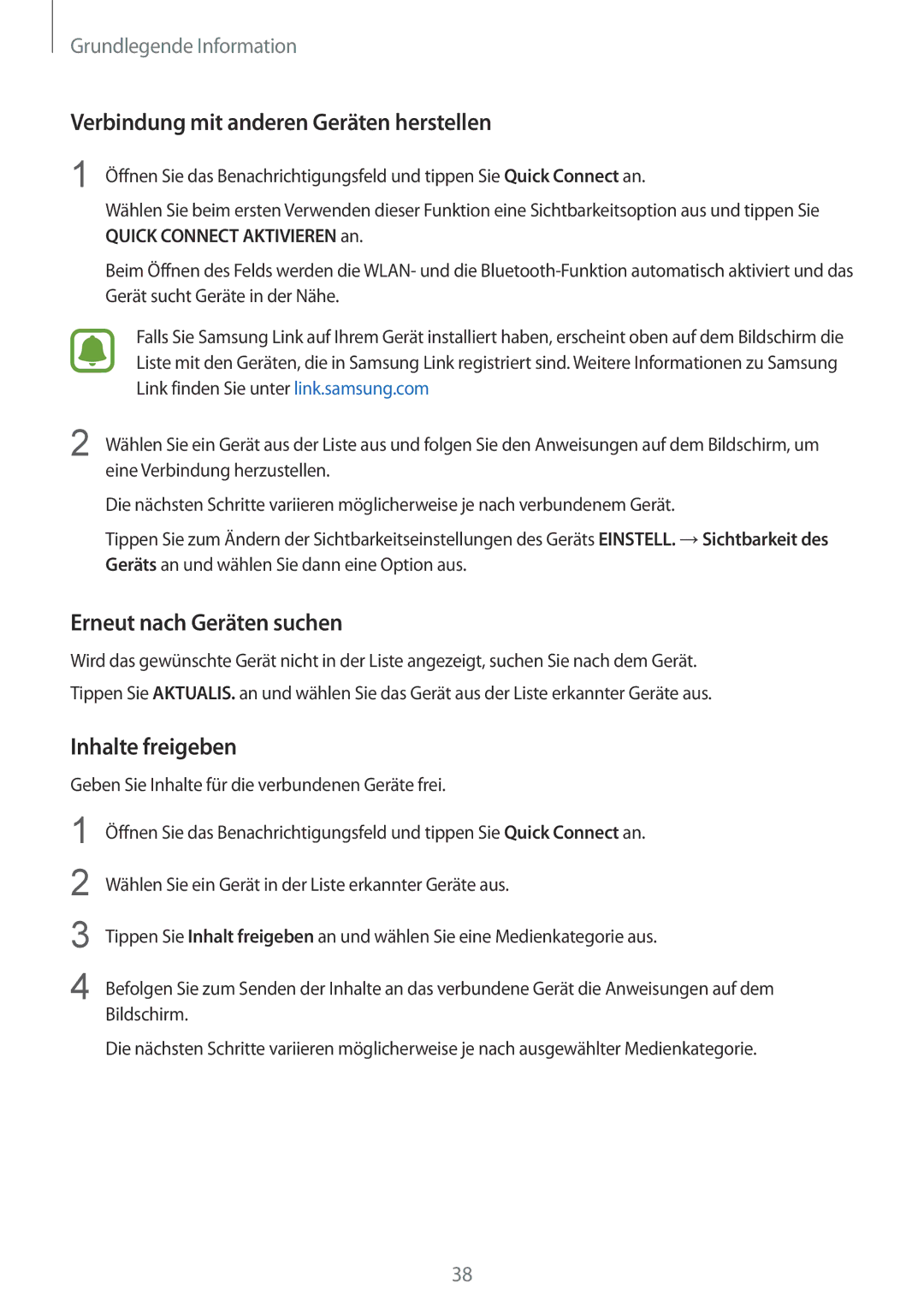 Samsung SM-G925FZKEDBT manual Verbindung mit anderen Geräten herstellen, Erneut nach Geräten suchen, Inhalte freigeben 