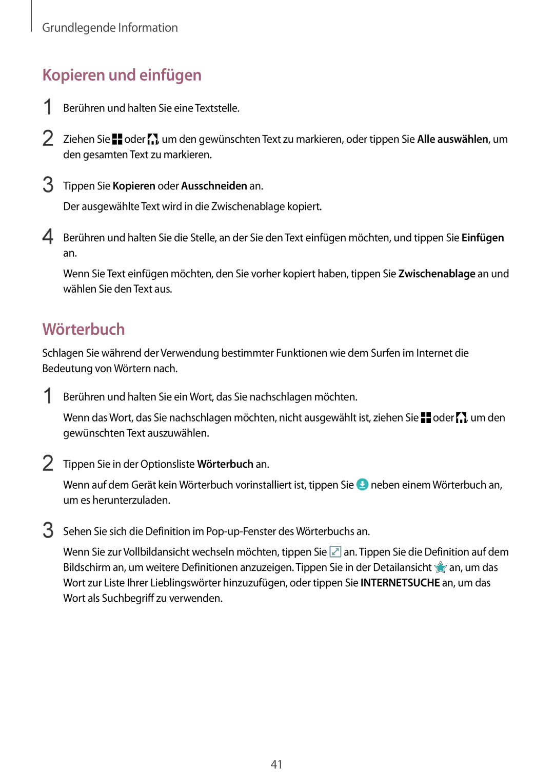 Samsung SM-G925FZWEDBT, SM-G925FZKADBT manual Kopieren und einfügen, Wörterbuch, Tippen Sie Kopieren oder Ausschneiden an 