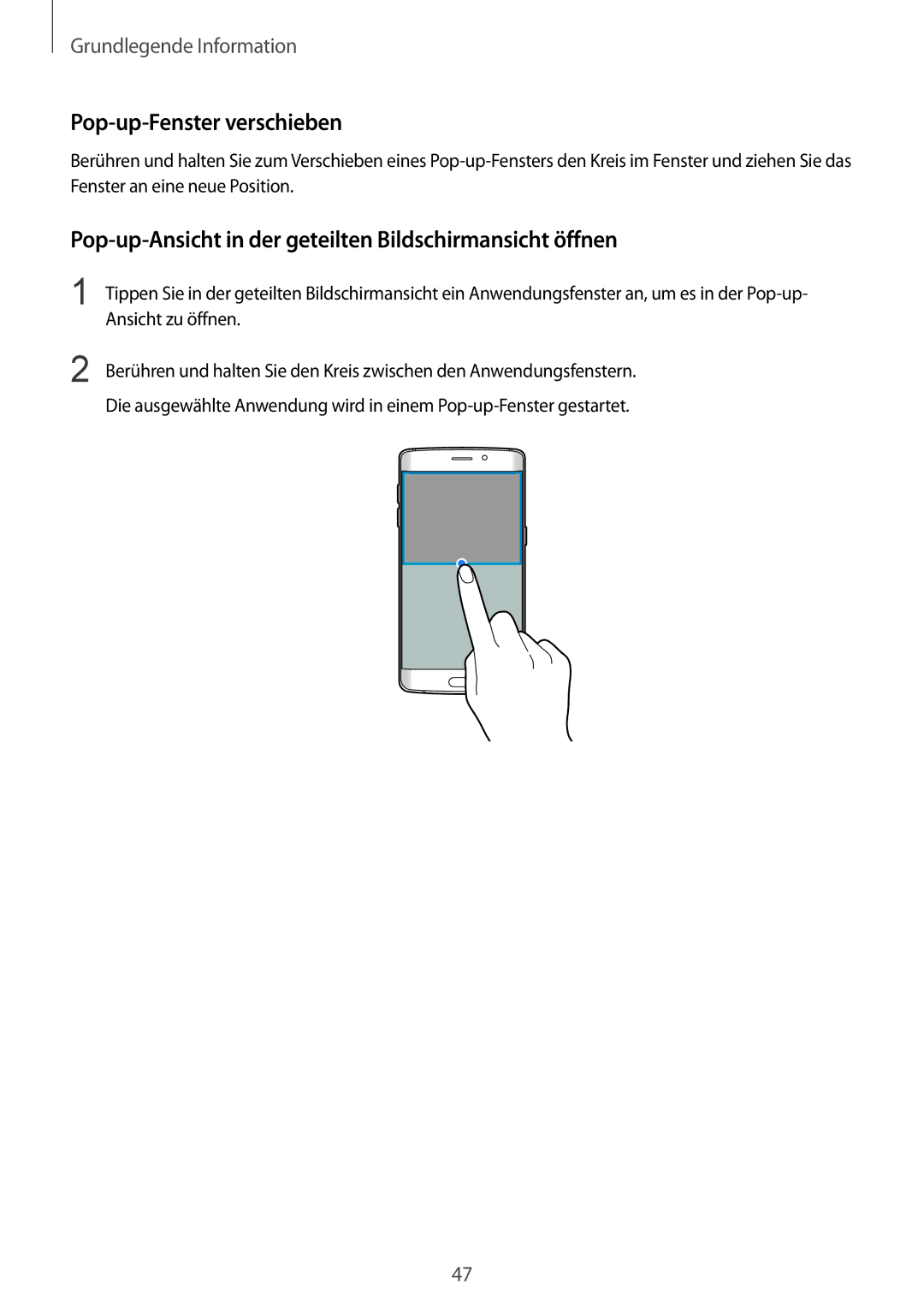 Samsung SM-G925FZDFDBT manual Pop-up-Fenster verschieben, Pop-up-Ansicht in der geteilten Bildschirmansicht öffnen 