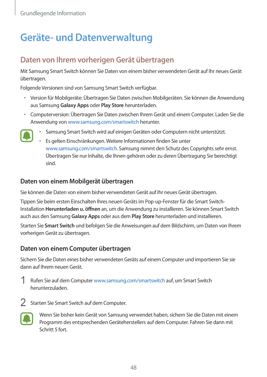 Samsung SM-G925FZKEDBT, SM-G925FZKADBT manual Geräte- und Datenverwaltung, Daten von Ihrem vorherigen Gerät übertragen 