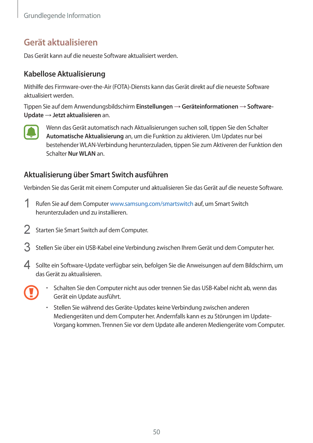 Samsung SM-G925FZKADBT manual Gerät aktualisieren, Kabellose Aktualisierung, Aktualisierung über Smart Switch ausführen 