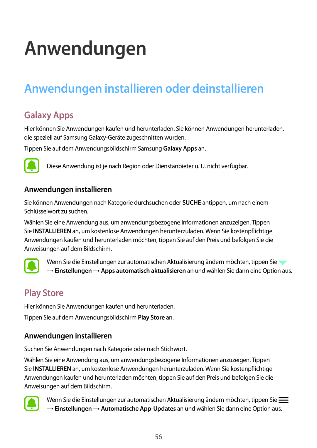 Samsung SM-G925FZKFDBT, SM-G925FZKADBT manual Anwendungen installieren oder deinstallieren, Galaxy Apps, Play Store 