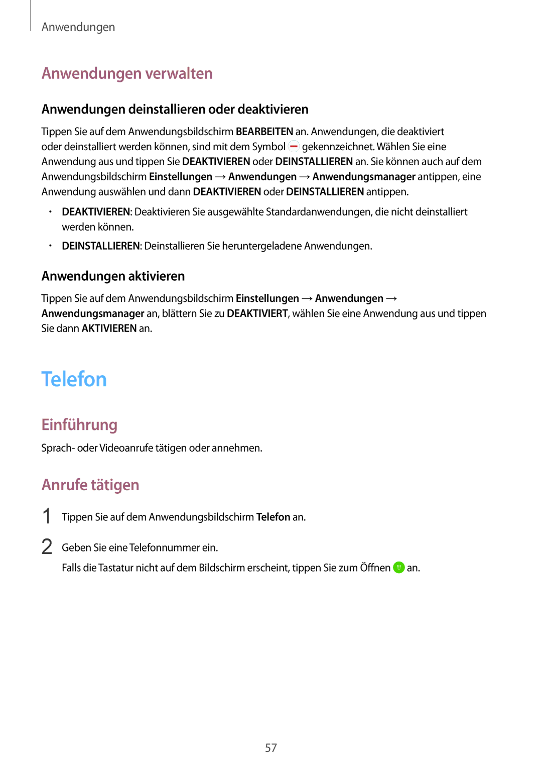 Samsung SM-G925FZDFDBT manual Telefon, Anwendungen verwalten, Anrufe tätigen, Anwendungen deinstallieren oder deaktivieren 