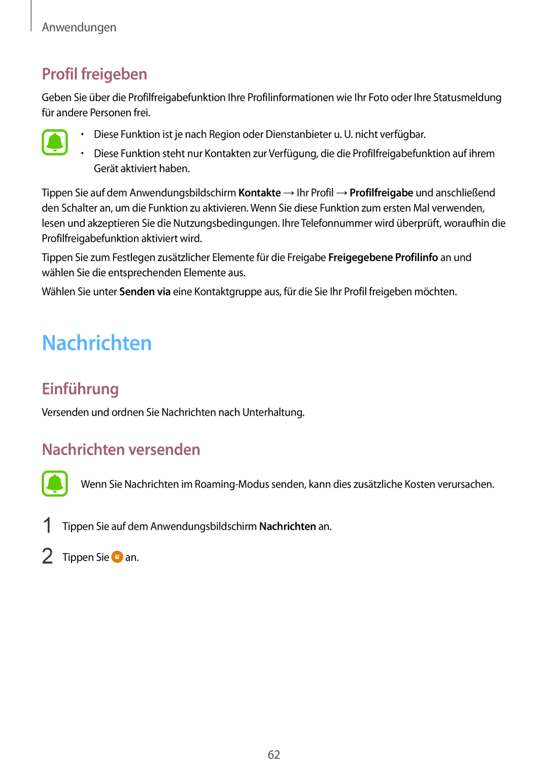 Samsung SM-G925FZDEDBT, SM-G925FZKADBT, SM-G925FZWEDBT, SM-G925FZDADBT manual Profil freigeben, Nachrichten versenden 
