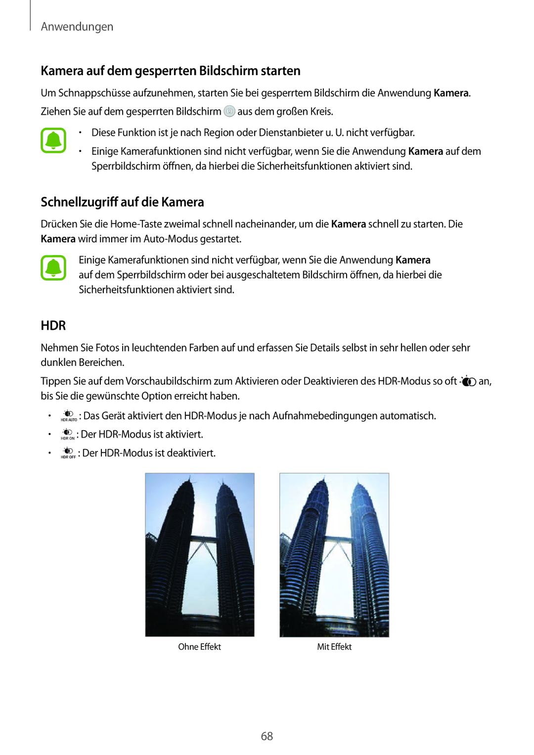 Samsung SM-G925FZKEDBT, SM-G925FZKADBT manual Kamera auf dem gesperrten Bildschirm starten, Schnellzugriff auf die Kamera 