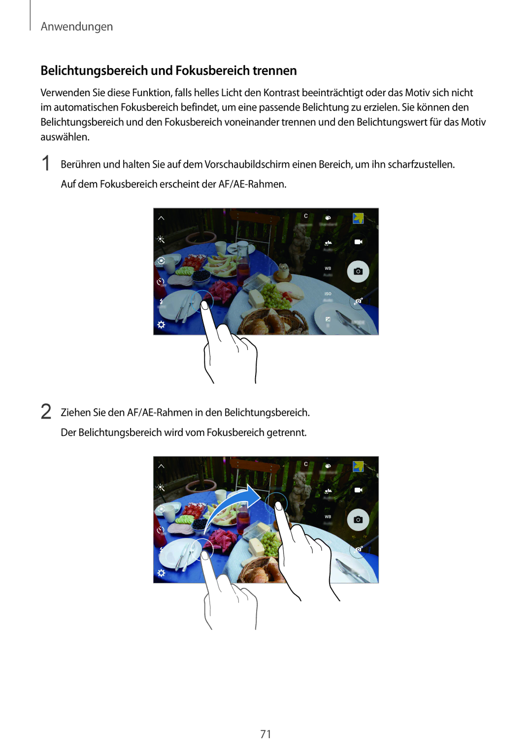 Samsung SM-G925FZWEDBT, SM-G925FZKADBT, SM-G925FZDEDBT, SM-G925FZDADBT manual Belichtungsbereich und Fokusbereich trennen 