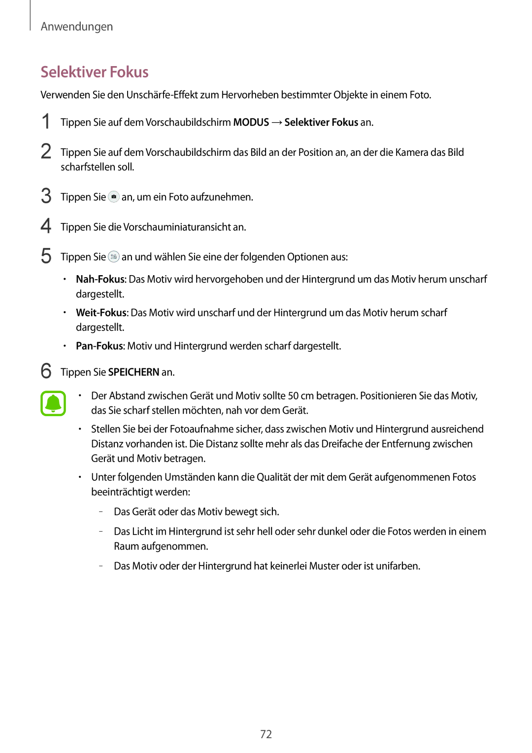 Samsung SM-G925FZDEDBT, SM-G925FZKADBT, SM-G925FZWEDBT, SM-G925FZDADBT, SM-G925FZWFDBT, SM-G925FZGEDBT manual Selektiver Fokus 