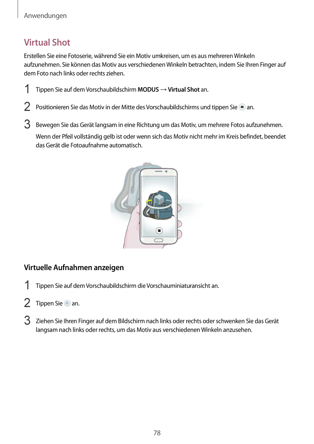 Samsung SM-G925FZKEDBT, SM-G925FZKADBT, SM-G925FZWEDBT, SM-G925FZDEDBT manual Virtual Shot, Virtuelle Aufnahmen anzeigen 