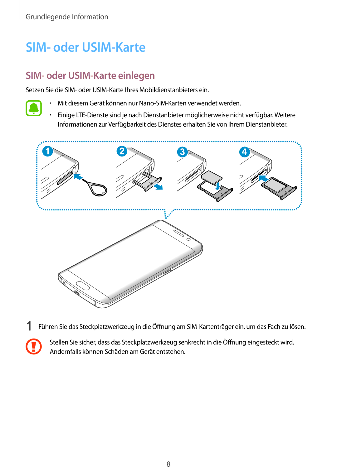 Samsung SM-G925FZKEDBT, SM-G925FZKADBT, SM-G925FZWEDBT, SM-G925FZDEDBT, SM-G925FZDADBT manual SIM- oder USIM-Karte einlegen 