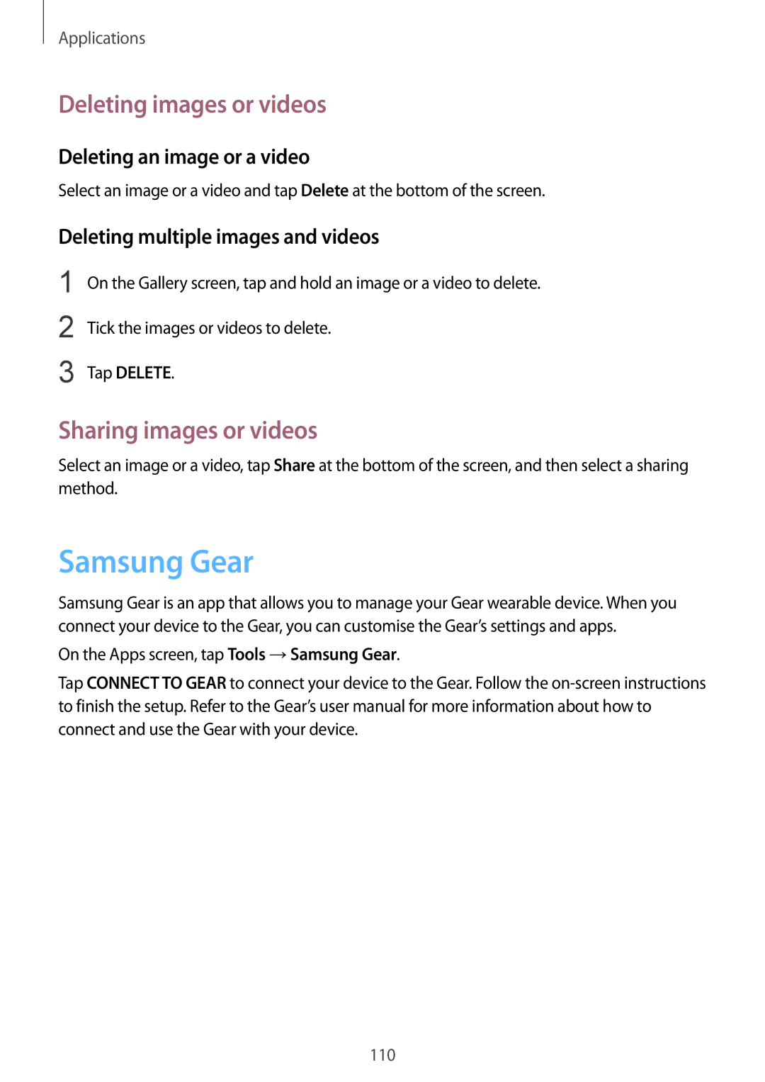 Samsung SM-G928FZKAPRT Samsung Gear, Deleting images or videos, Sharing images or videos, Deleting an image or a video 