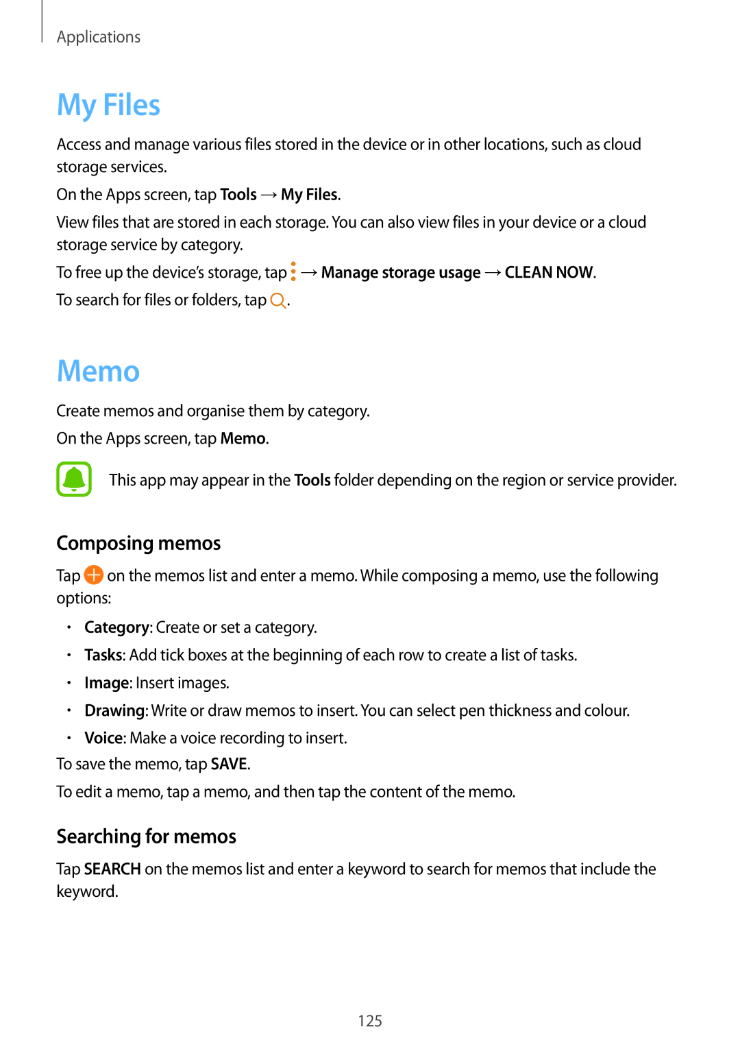 Samsung SM2G928FZKETMS, SM-G925FZKADBT, SM-G925FZWEDBT, SM-G928FZKADBT My Files, Memo, Composing memos, Searching for memos 