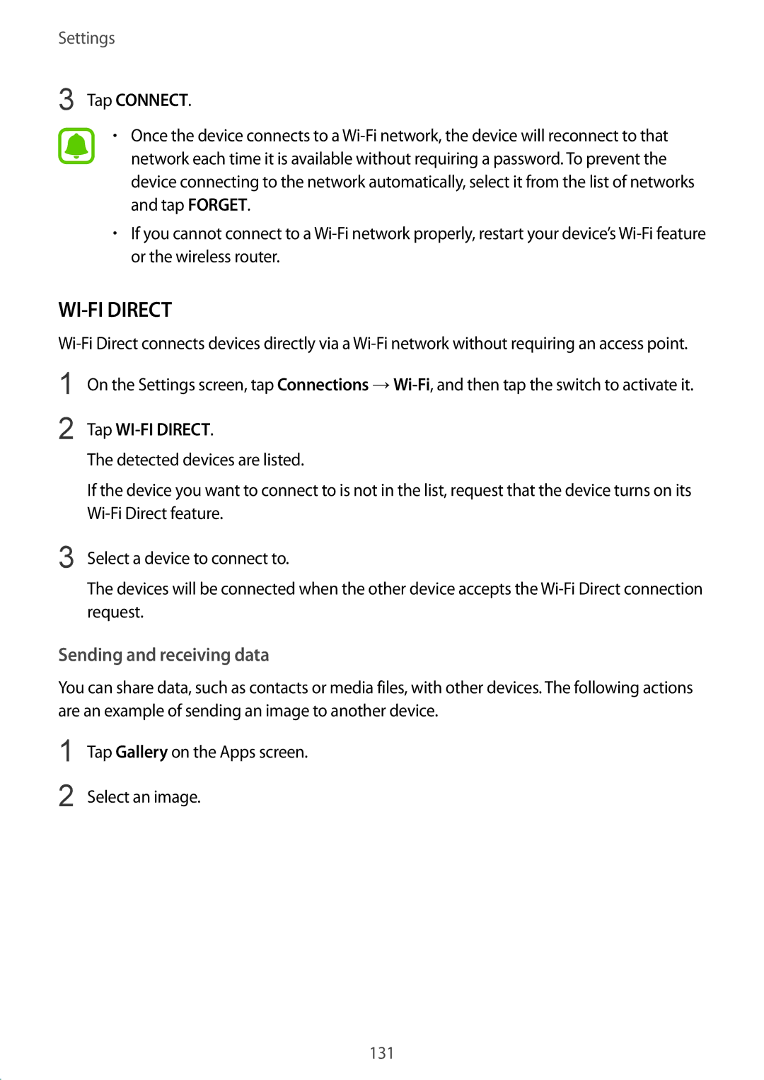 Samsung SM2G928FZDAPAN, SM-G925FZKADBT, SM-G925FZWEDBT manual Sending and receiving data, Tap Connect, Tap WI-FI Direct 