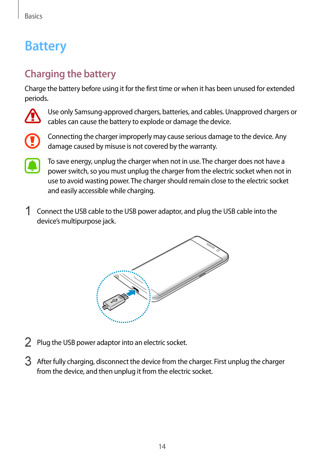 Samsung SM-G925FZWEXEF, SM-G925FZKADBT, SM-G925FZWEDBT, SM-G928FZKADBT, SM-G925FZDEDBT manual Battery, Charging the battery 