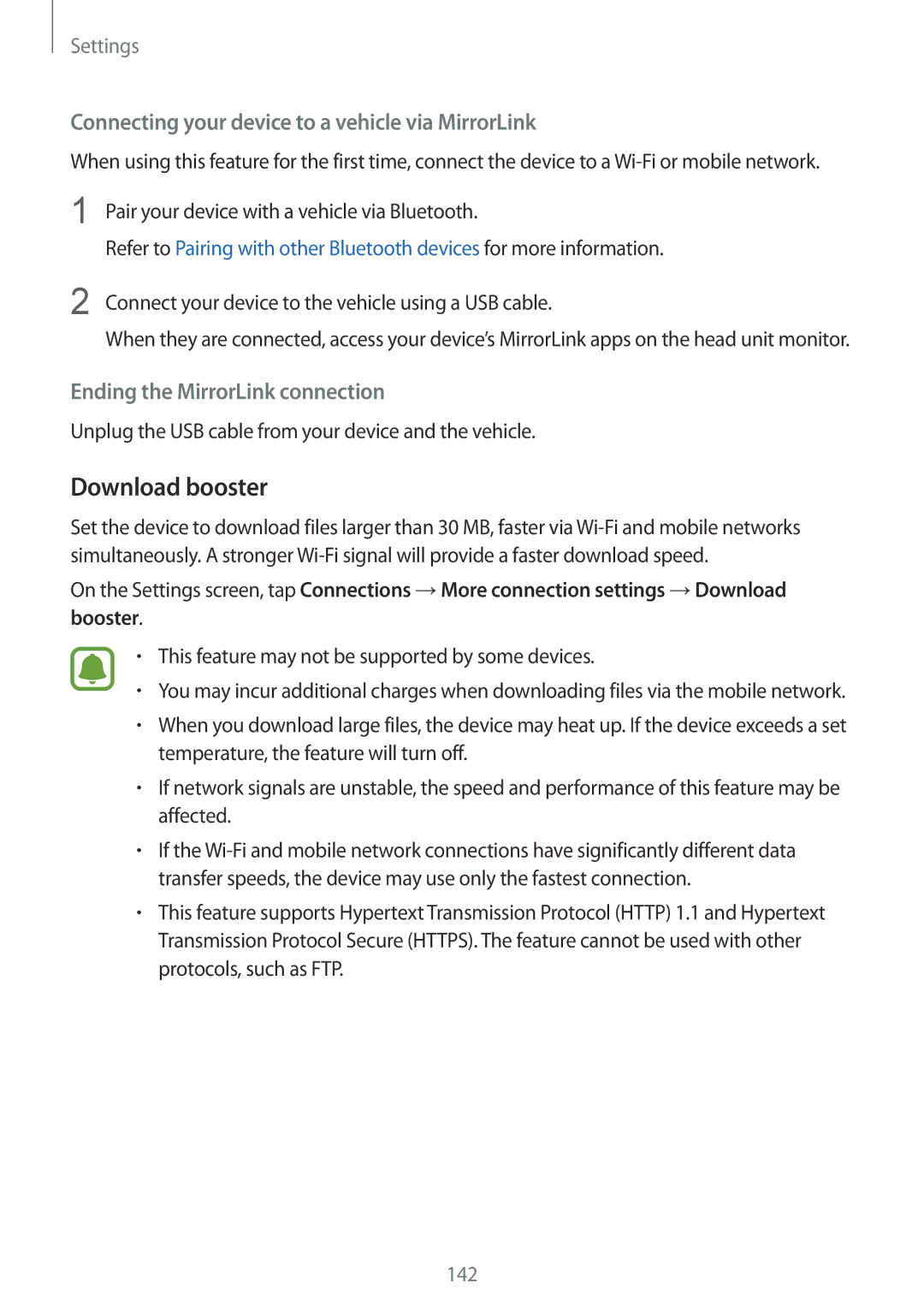 Samsung SM2G928FZDAORX, SM-G925FZKADBT, SM-G925FZWEDBT Download booster, Connecting your device to a vehicle via MirrorLink 