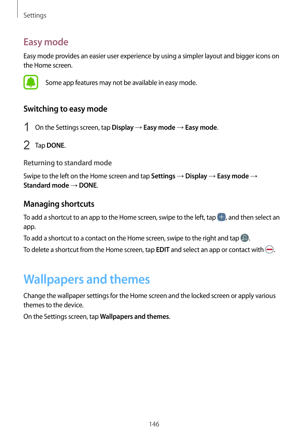 Samsung SM-G928FZKADPL, SM-G925FZKADBT manual Wallpapers and themes, Easy mode, Switching to easy mode, Managing shortcuts 