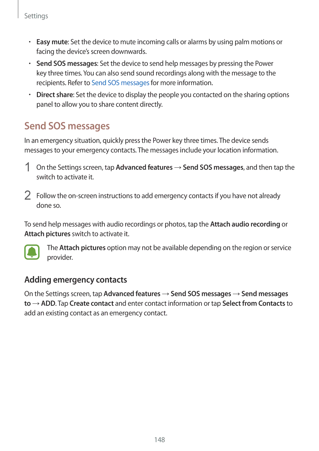Samsung SM-G928FZDAORX, SM-G925FZKADBT, SM-G925FZWEDBT, SM-G928FZKADBT manual Send SOS messages, Adding emergency contacts 