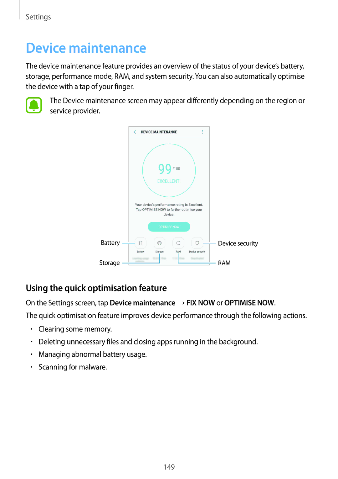 Samsung SM-G928FZDAEUR, SM-G925FZKADBT, SM-G925FZWEDBT manual Device maintenance, Using the quick optimisation feature 